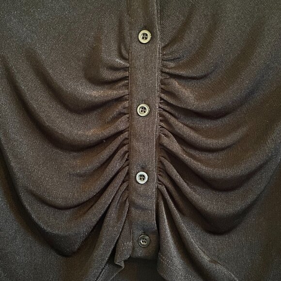 Sheer Black Button Up Crop Top with Ruching and Collar Stretch Polo Y2K Wet Seal - Picture 2 of 7